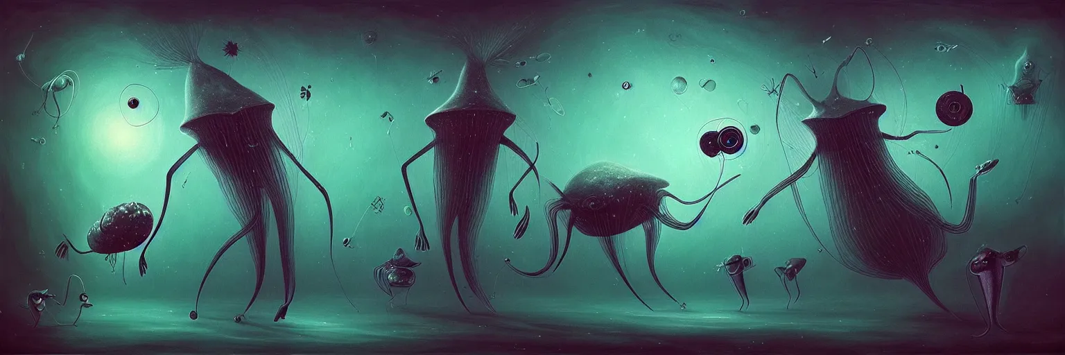 Image similar to whimsical surreal wild plankton creatures, surreal dark uncanny painting by ronny khalil