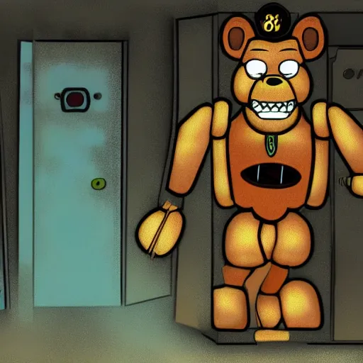 Prompt: a broken animatronic in a part of service room fnaf style