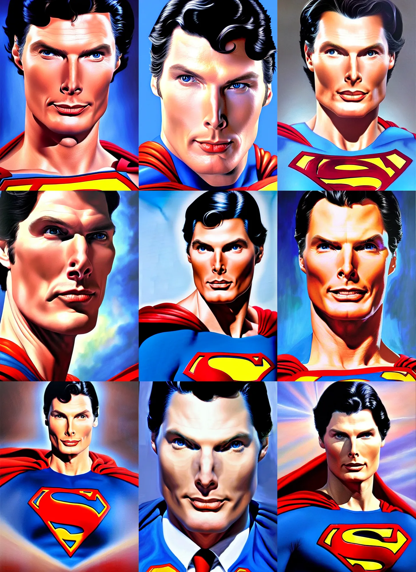 Prompt: dynamic macro head portrait of hyper - realistic christopher reeve!!! wearing superman costume, painting by alex ross, oil painting photo real