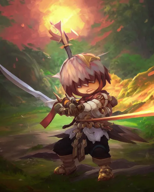 Image similar to oil painting of a cute chibi MapleStory warrior,, attacking, casting a spell with a spear, wearing a MapleStory warrior outfit, sharp focus, fantasy style, octane render, volumetric lighting, 8k high definition, by greg rutkowski, highly detailed, trending on artstation, magic the gathering artwork, Perion background from MapleStory, centered