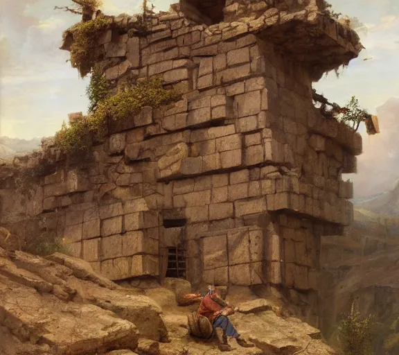 Prompt: landscape portrait of a man working on a building out of hand hewn brimstone, all alone by william sidney mount, trending on artstation