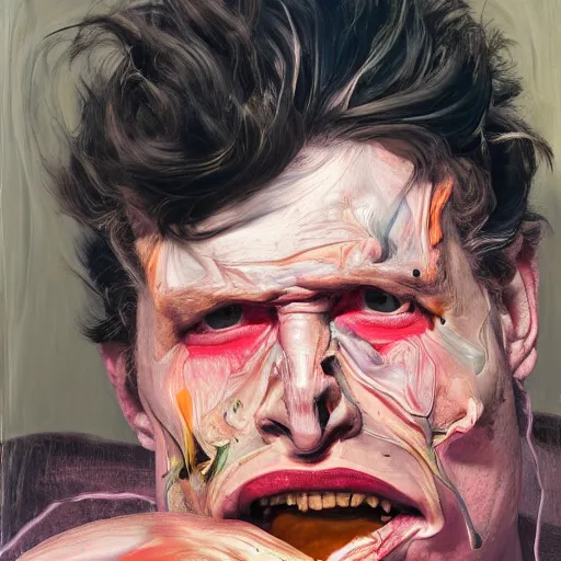 Image similar to high quality high detail painting of two extremely angry men by lucian freud and jenny saville and francis bacon and malcom liepke and nicola samori, hd, anxiety, turquoise and purple and orange and pink, dark atmosphere