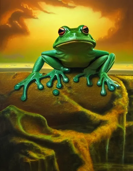 Image similar to a frog looking the end of world, oil on canvas, artstation, dramatic scenery, masterpiece, aesthetic