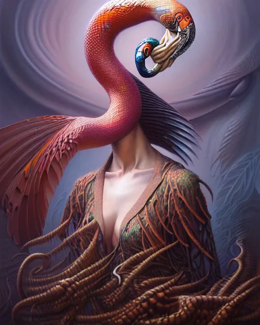 Image similar to a detailed portrait of dreampunk flamingo python hybrid mix by tomasz alen kopera and peter mohrbacher