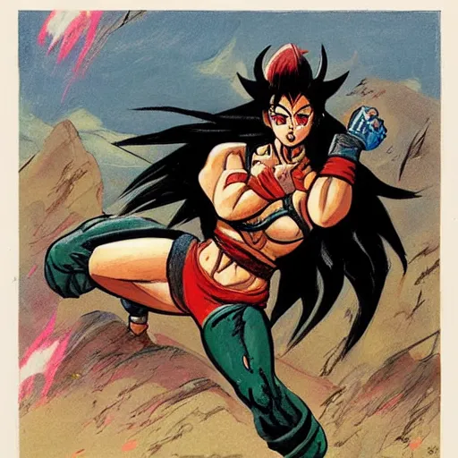 Image similar to Female Saiyan fistfighting Klingon warrior, bloody fistfight, Klingon, drawn by Frank Frazetta