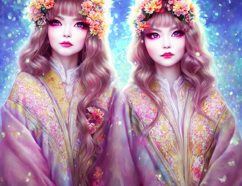 Image similar to two beautiful fashion siberian girls wear fantasy kimono in festival | | big eyes, sunny, dreamlike art, realistic shaded, smile, good looking, hyper details, 4 k realistic, cryengine, realistic shaded lighting poster by artgerm, ross tran, fuji choko, loish, 8 k resolution, trending on artstation, luxury