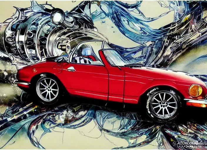 Image similar to beautiful yoshitaka amano art of a datsun fairlady roadster detailed painting