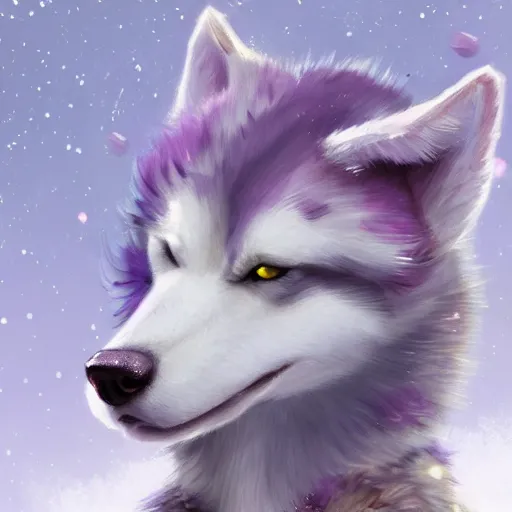 Prompt: aesthetic portrait commission of a furry husky with lavender and pastel pink colored cozy soft pastel winter outfit, short depth of field close up shot hyper-detailed, soft snowy winter Atmosphere. Character design by charlie bowater, ross tran, artgerm, and makoto shinkai, detailed, inked, western comic book art, 2021 award winning painting