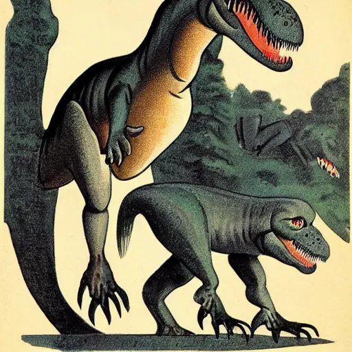 Image similar to 1940s children's book illustration of a Tyrannosaurus rex