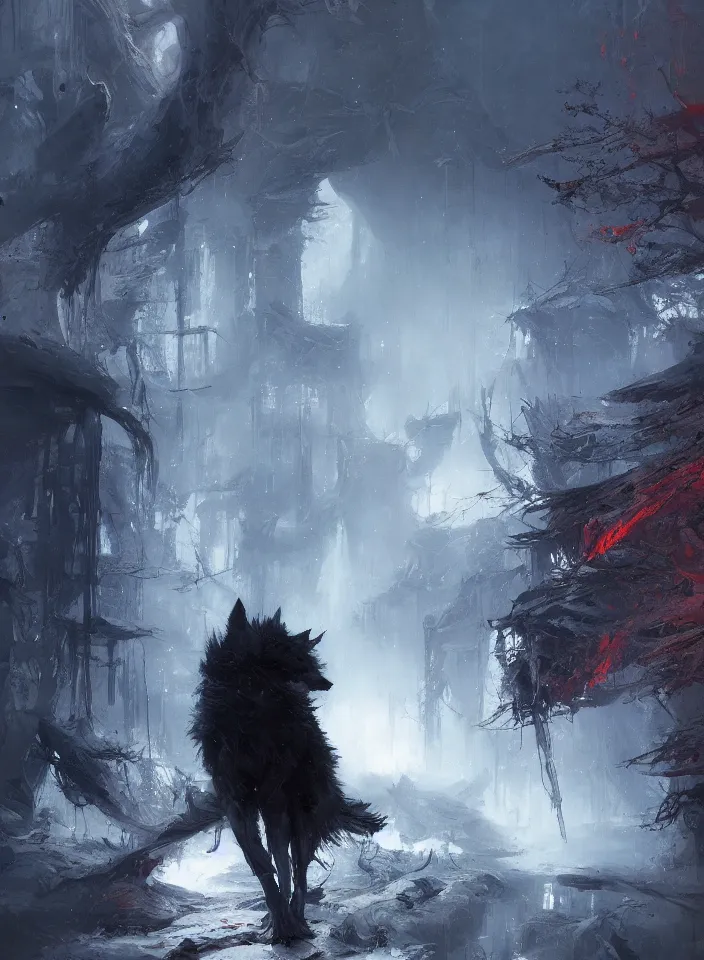 Prompt: a lone wolf stares at us in a nightmare landscape, autumn, white fur, sad, emotive, dramatic lighting, high detail, cinematic, beautiful painting by wadim kashin, ruan jia, android jones, jakub rebelka