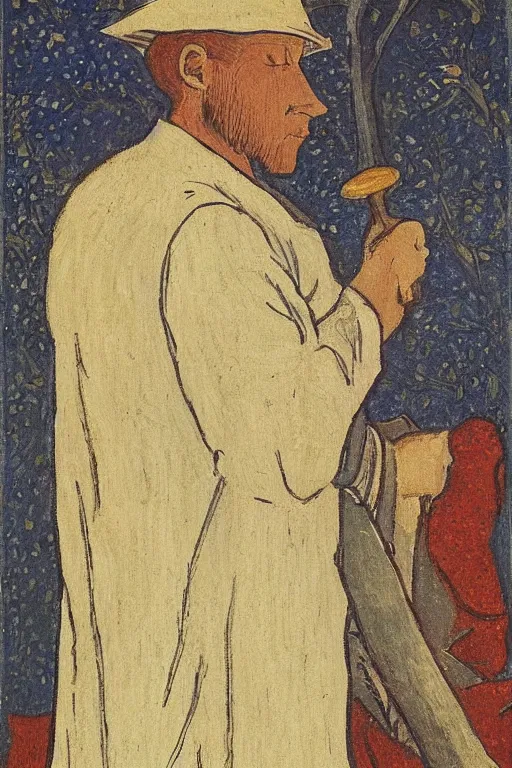 Prompt: a painting of a man in a white outfit, a character portrait by jean fouquet, reddit, synthetism, woodcut, grotesque, tarot card