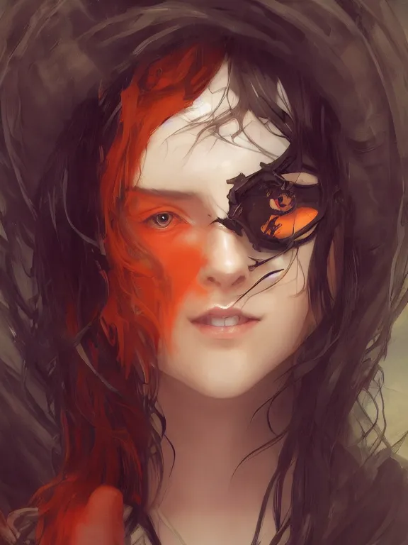 Image similar to Full shot of a mischievous young witch about to get up to some trouble. Latin American fashion. Black and Orange palette. Latina girl. brown skin. Symmetrical facial features. By Ruan Jia and Artgerm and Range Murata and WLOP and Ross Tran and William-Adolphe Bouguereau. Key Art. Fantasy Illustration. award winning, Artstation, intricate details, realistic, Hyperdetailed, 8k resolution.