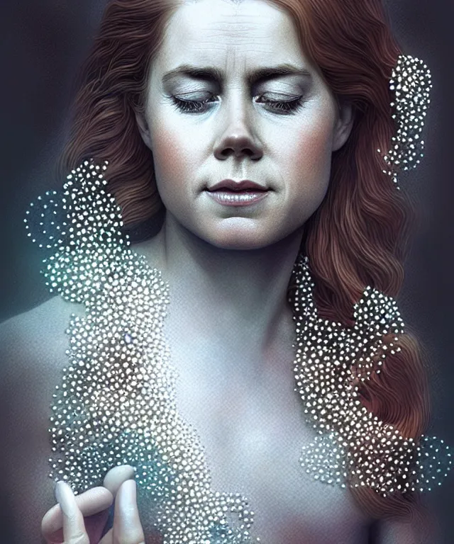 Prompt: Amy Adams meditating with beads and crystals, portrait, intricate, elegant, highly detailed, digital painting, artstation, concept art, smooth, sharp focus, illustration, in the style of Michelangelo