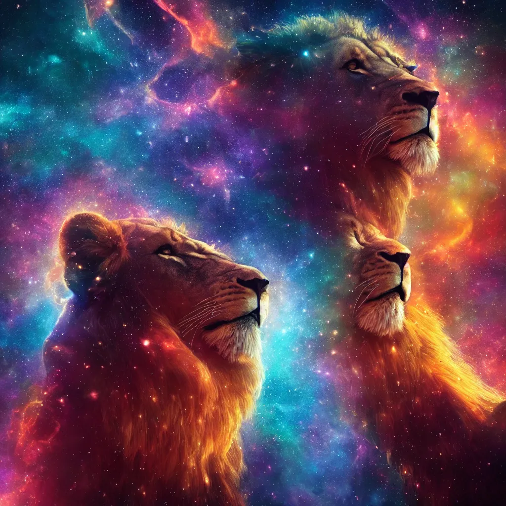 Image similar to lion 🦁 in a galaxy made of stars, space, nebulas stars Dmt Psychedelic cosmos, cosmic, Hallucination, night sky; 8k, artstation, unreal engine, octane render, hdr, surrealistic, hyperrealism, glow, photorealistic, volumetric lighting, Dreamy, dynamic, mystical