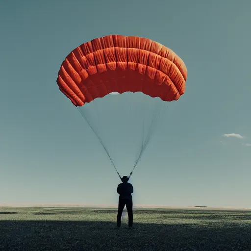 Prompt: a 2 4 mm photo of man in sky clouds with parachute, low light, film grain, studio light, 8 k resolution