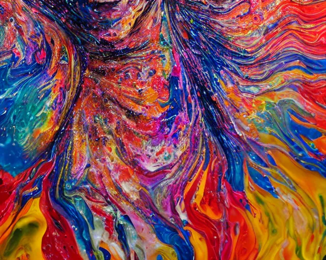 Image similar to still shot close up footage of the portrait of a human head explodes and disintegrates into acrylic pour and splashing paint, motion blur, hyperrealistic, medical, intricate art photography, anatomically correct, realistic crisp textures, 1 6 k