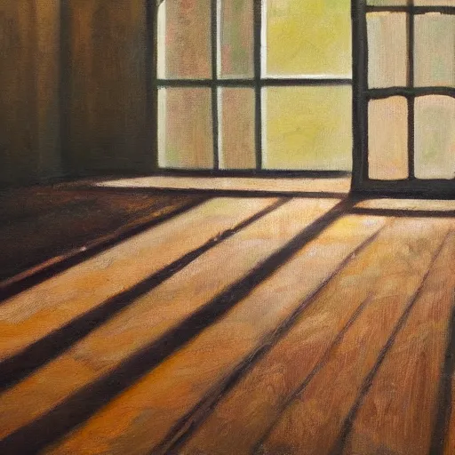 Image similar to oil painting of mostly empty cottage interior, one small window with sunlight shining onto the floor. artistic. cozy. wooden floor. rustic. solace.