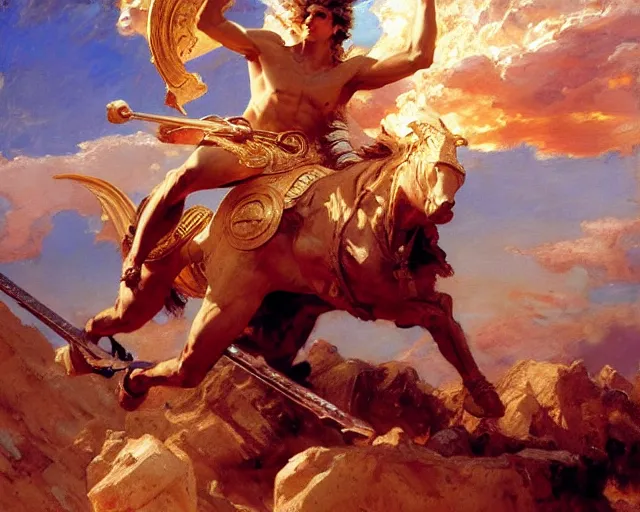 Image similar to attractive apollo greek god, riding his fire chariot. highly detailed painting by gaston bussiere, craig mullins, j. c. leyendecker 8 k