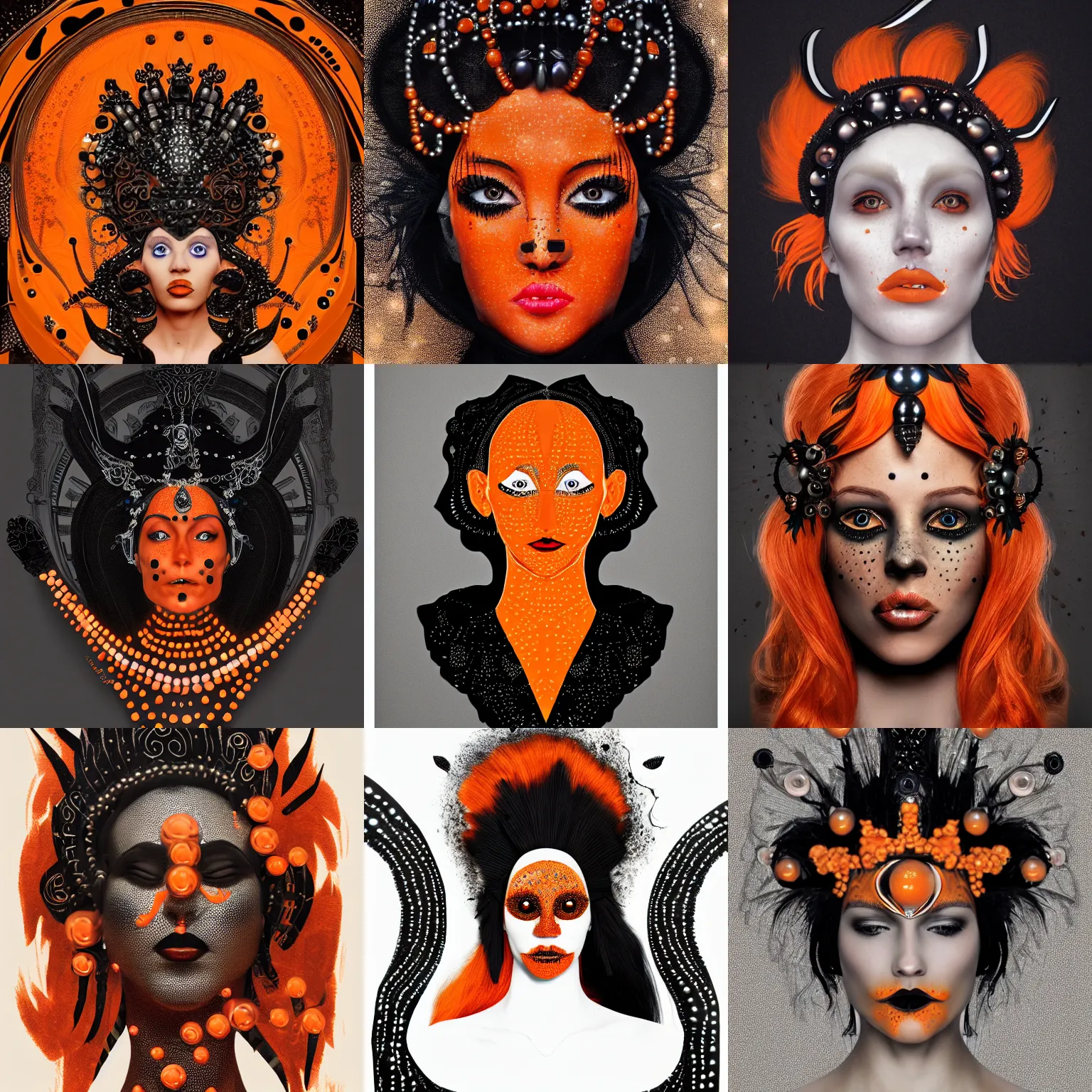 Prompt: Orange man with orange hair in black dress, black art nouveau style headdress, black pearls, black gems, glowing eyes, light freckles, portrait, biomech, concept art, medium shot, unreal, octane, symmetrical, photorealism