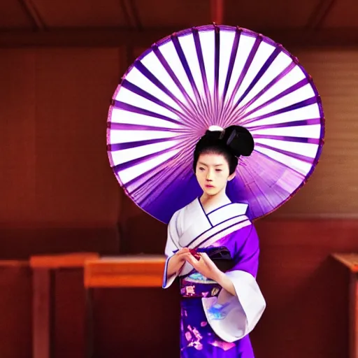 Image similar to Japanese geisha with beautiful violet paper fan, 4k photography, 30 mm lens, cinematic light, warm atmosphere, in style of Kar Wai Wong, cigarette smoke trail