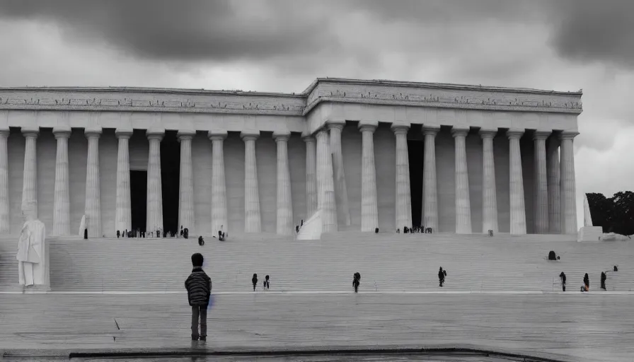 Image similar to father and son visiting destroyed lincoln memorial, cloudy day, hyperdetailed, artstation, cgsociety, 8 k