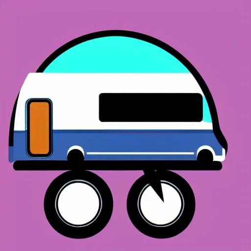 Prompt: very very very stylized minimal vector graphic of a cute class c motorhome driving, hills in the sunset, all enclosed in a circle, professional minimal graphic design cartoon