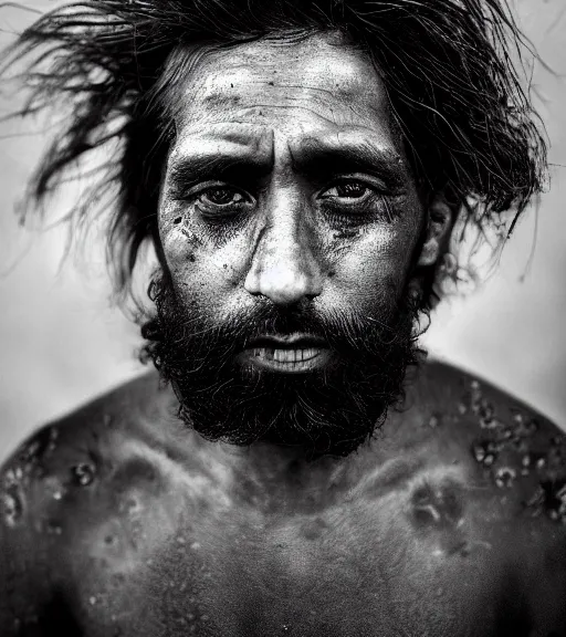 Image similar to Award winning reportage photo of Mauri Natives with incredible hair and beautiful hyper-detailed eyes wearing traditional garb by Lee Jeffries, 85mm ND 5, perfect lighting, gelatin silver process