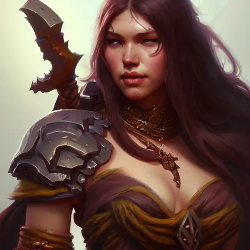 Image similar to barbarian, female, D&D, fantasy, intricate, elegant, highly detailed, digital painting, artstation, octane render, concept art, matte, sharp focus, illustration, hearthstone, art by Artgerm and Greg Rutkowski and Alphonse Mucha