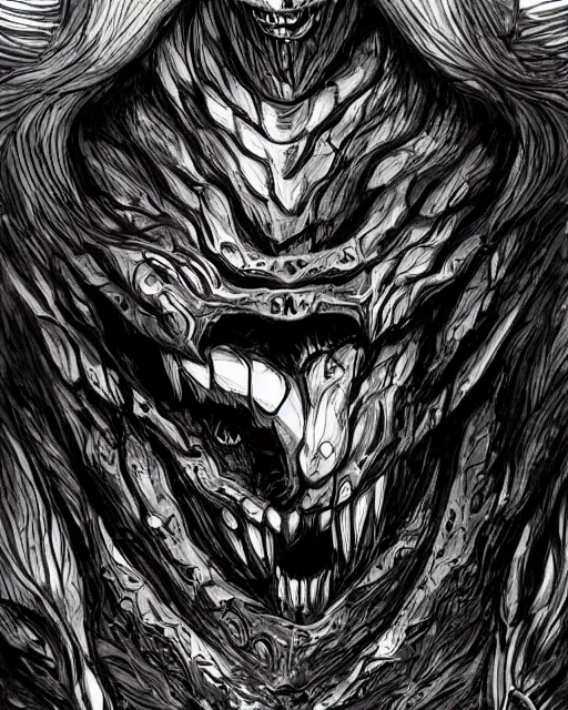 Image similar to A chest with tongue, terrifying, black and white, fantasy art, monster art, in the style of masami kurumada, illustration, epic, fantasy, intricate, hyper detailed, artstation, concept art, smooth, sharp focus, ray tracing