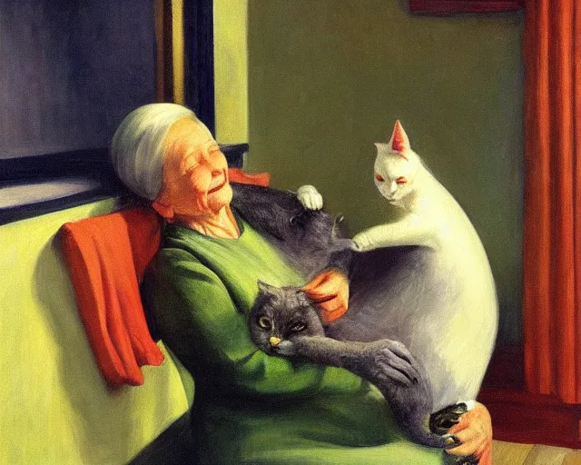 Image similar to detailed portrait of a happy old lady and her plant cat , Edward Hopper, sharp high quality