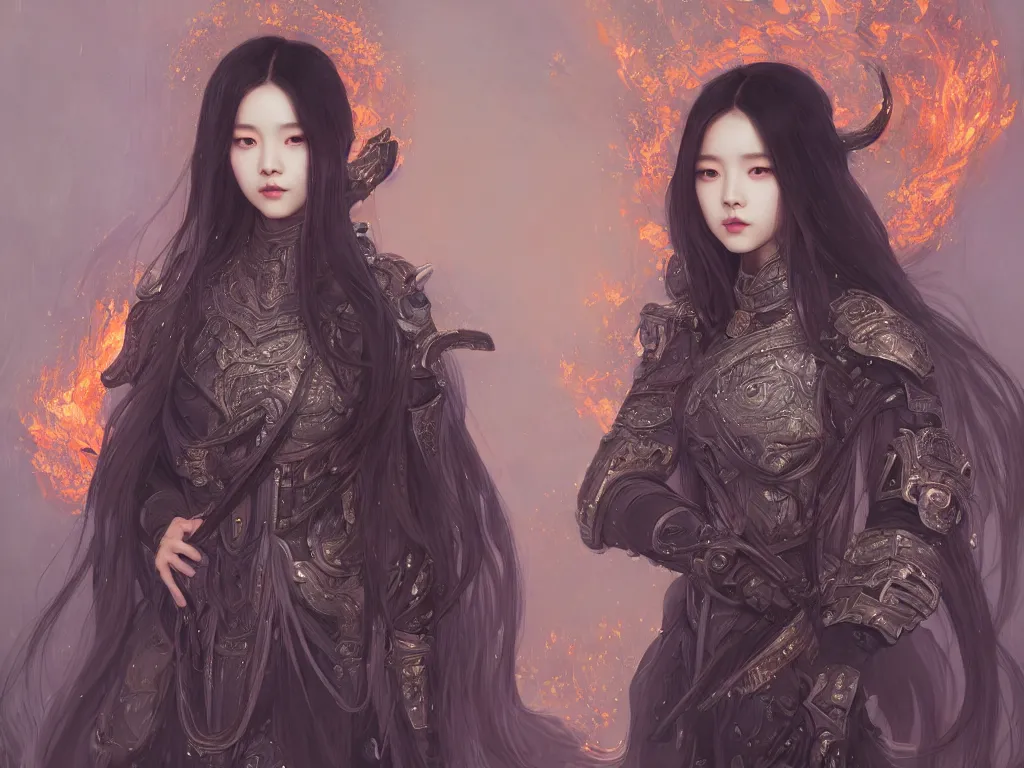 Image similar to portrait jisoo blackpink, grey hair armored samurai clothes, in fire japanese temple wet night, ssci - fi and fantasy, intricate and very very beautiful and elegant, digital painting, artstation, concept art, smooth and sharp focus, illustration, art by tian zi and wlop and alphonse mucha