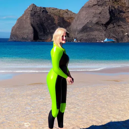 Image similar to photograph of a blonde woman in a wetsuit on the beach with a hugely inflated body. she's overinflated and about to burst.