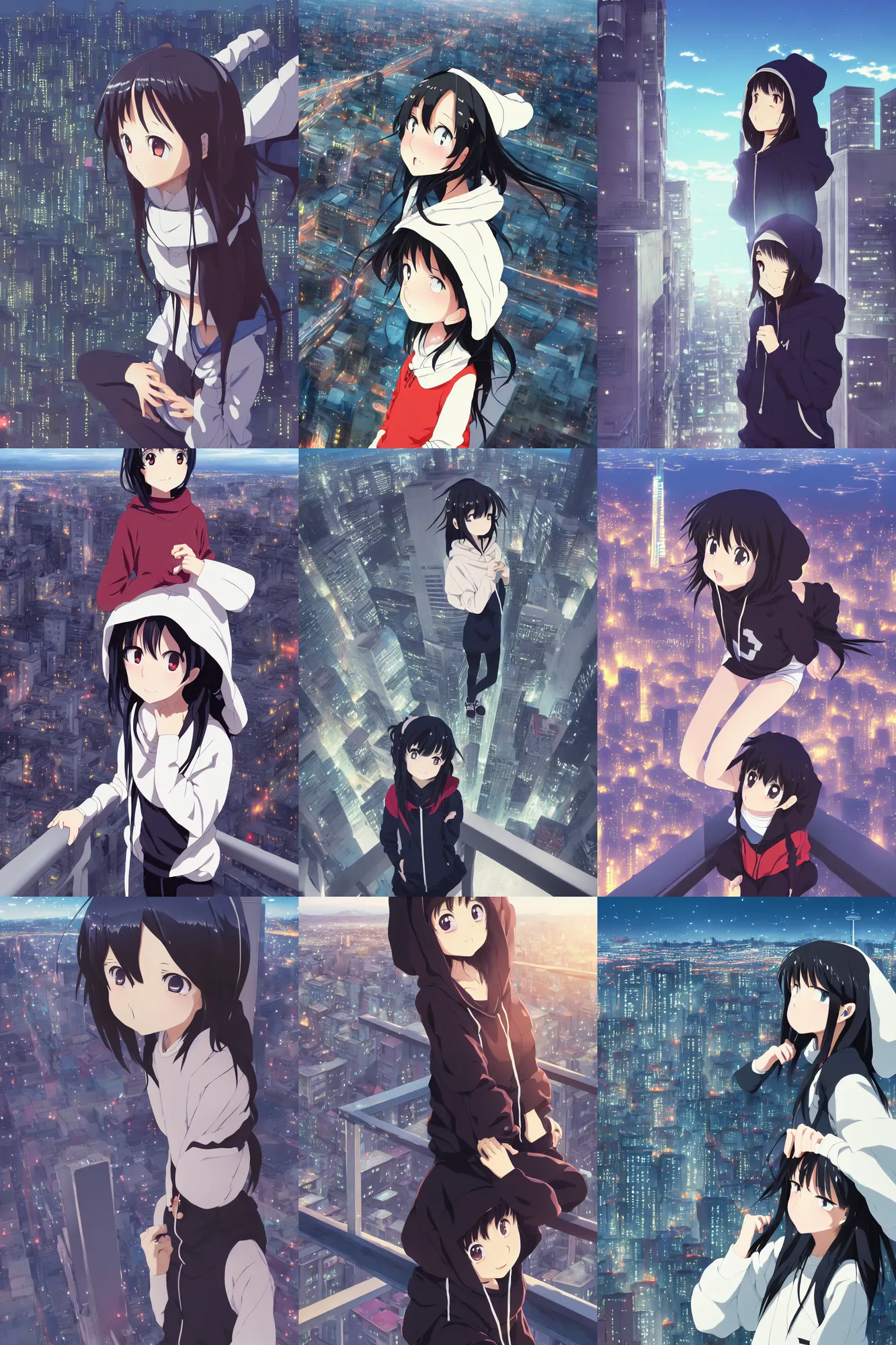 Prompt: anime visual, portrait of a young black haired girl wearing hoodie sightseeing above the urban city, guardrail, cute face by yoh yoshinari, katsura masakazu, dramatic lighting, dynamic pose, dynamic perspective, strong silhouette, ilya kuvshinov, anime cels, 1 8 mm lens, fstop of 8, rounded eyes, moody, detailed wallpaper