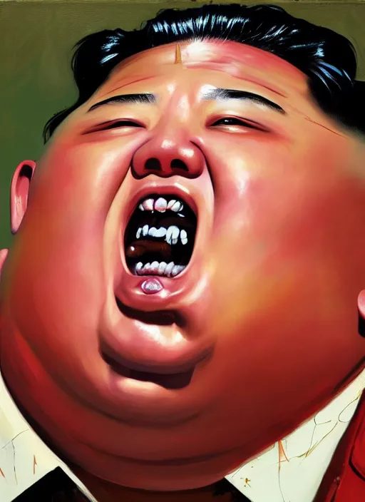 Image similar to kim jong un screaming, fat face, painting by phil hale, fransico goya,'action lines '!!!, graphic style, visible brushstrokes, motion blur, blurry, visible paint texture, crisp hd image