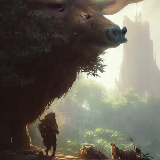 Prompt: highly detailed big boar, stephen bliss, unreal engine, fantasy art by greg rutkowski, loish, rhads, ferdinand knab, makoto shinkai and lois van baarle, ilya kuvshinov, rossdraws, tom bagshaw, global illumination, radiant light, detailed and intricate environment