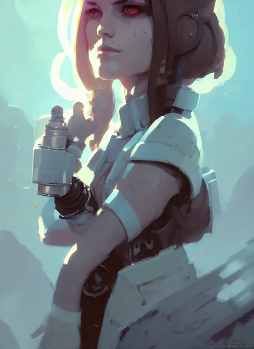 Image similar to portrait of cute psyker girl, warhammer 4 0 k, by atey ghailan, by greg rutkowski, by greg tocchini, by james gilleard, by joe gb fenton, by in kaethe butcher, dynamic lighting, gradient light blue, brown, blonde cream and white color in scheme, grunge aesthetic