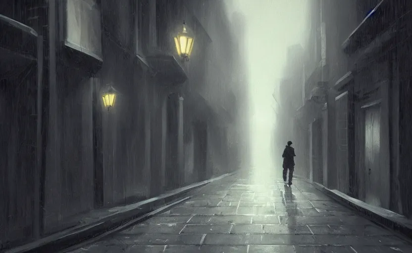 Image similar to dim lit, dark alley street with a man walking, depth of field, very atmospheric, painting inspired from artstation