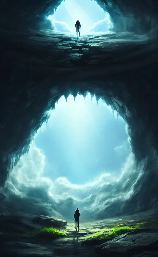 Prompt: a portal into heaven in the distance of a giant cave, dynamic lighting, ambient lighting, atmospherical, photorealistic fantasy concept art, trending on art station, stunning visuals, creative, cinematic, ultra detailed