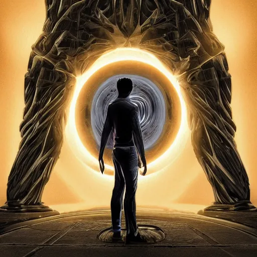 Prompt: An ultra detailed digital illustration of a figure standing infront of a portal. Inside the portal two enormous hands emerge, art by robbie trevino, trending on artstation,