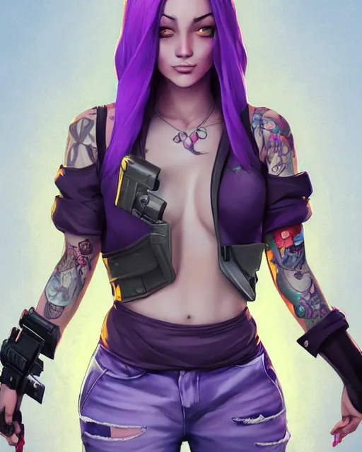 Prompt: beautiful female purple hair tattoo symmetrical face eyes singing full length fantasy art apex fortnite Video game icon, 2d game art gta5 cover , official fanart behance hd artstation by Jesper Ejsing, by RHADS, Makoto Shinkai and Lois van baarle, ilya kuvshinov, rossdraws