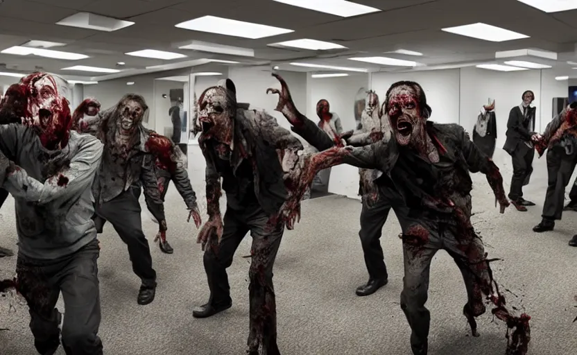 Prompt: a zombie invasion of a corporate office, horror flick