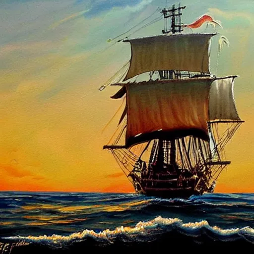 Image similar to pirates of the caribbean, the black pearl, sailing on a beautiful ocean, painting by greg rutowski