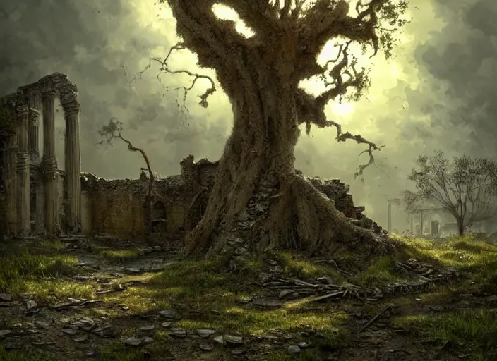 Image similar to oak tree growing in the ruins of a city, post - apocalypse wasteland, gray dull background, colorful green leaves, hyperrealistic, very detailed leaves, sharp focus, highly detailed, cinematic, ray of golden sunlight, digital art, soft lightning, muted colors, cgssociety, artstation, oil painting by greg rutkowski, by artgerm, by wlop