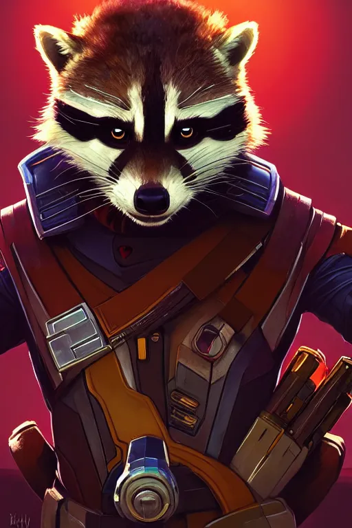 Prompt: a portrait of rocket raccoon from guardians of the galaxy, fantasy, sharp focus, intricate, elegant, digital painting, artstation, matte, highly detailed, concept art, illustration, ambient lighting, art by ilya kuvshinov, artgerm, alphonse mucha, and greg rutkowski