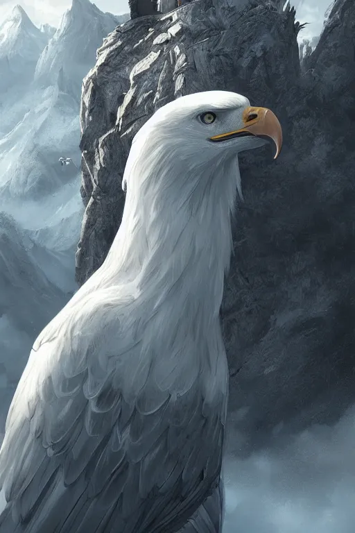 Image similar to portrait of majestic white eagle on his Nest in the mountains, Single face, dramatic lighting, cinematic, establishing shot, extremly high detail, photo realistic, cinematic lighting, post processed, concept art, artstation, matte painting, style by eddie mendoza, raphael lacoste, alex ross