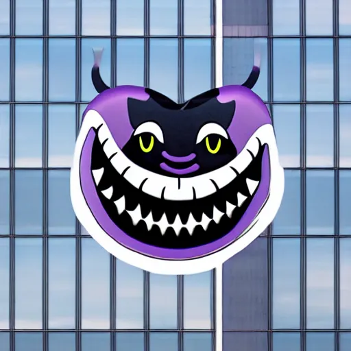 Prompt: gigantic chrome cheshire cat grin! floating over a modern city