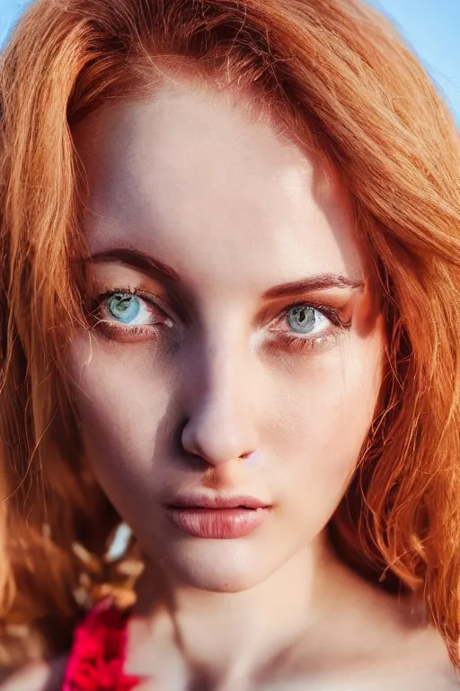 Prompt: olive skinned female model in her twenties with strawberryblonde hair, wearing a designer top, looking content, focused on her neck, photo realistic, extreme detail skin, natural beauty, no filter, slr, golden hour, 4 k, high definition, selfie