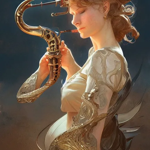 Image similar to a strange blowing horn, d & d, fantasy, intricate, elegant, highly detailed, digital painting, artstation, concept art, smooth, sharp focus, illustration, art by artgerm and greg rutkowski and alphonse mucha