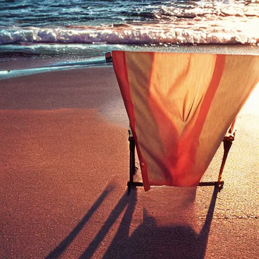 Prompt: A Film photograph of a swimsuit clothes, no person, left on a deck chair. by Cameron Hammond. 1980s magazine style. Cinematic, Golden Hour. Lens flare. 85mm lens, Kodak Gold Film photography