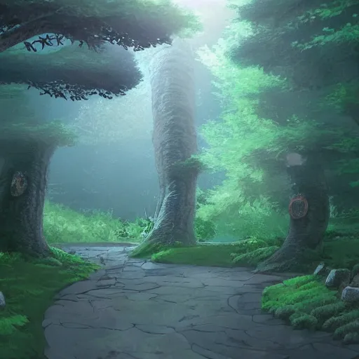 Prompt: a wide shot of a serene forest with a magical portal, ghibli style